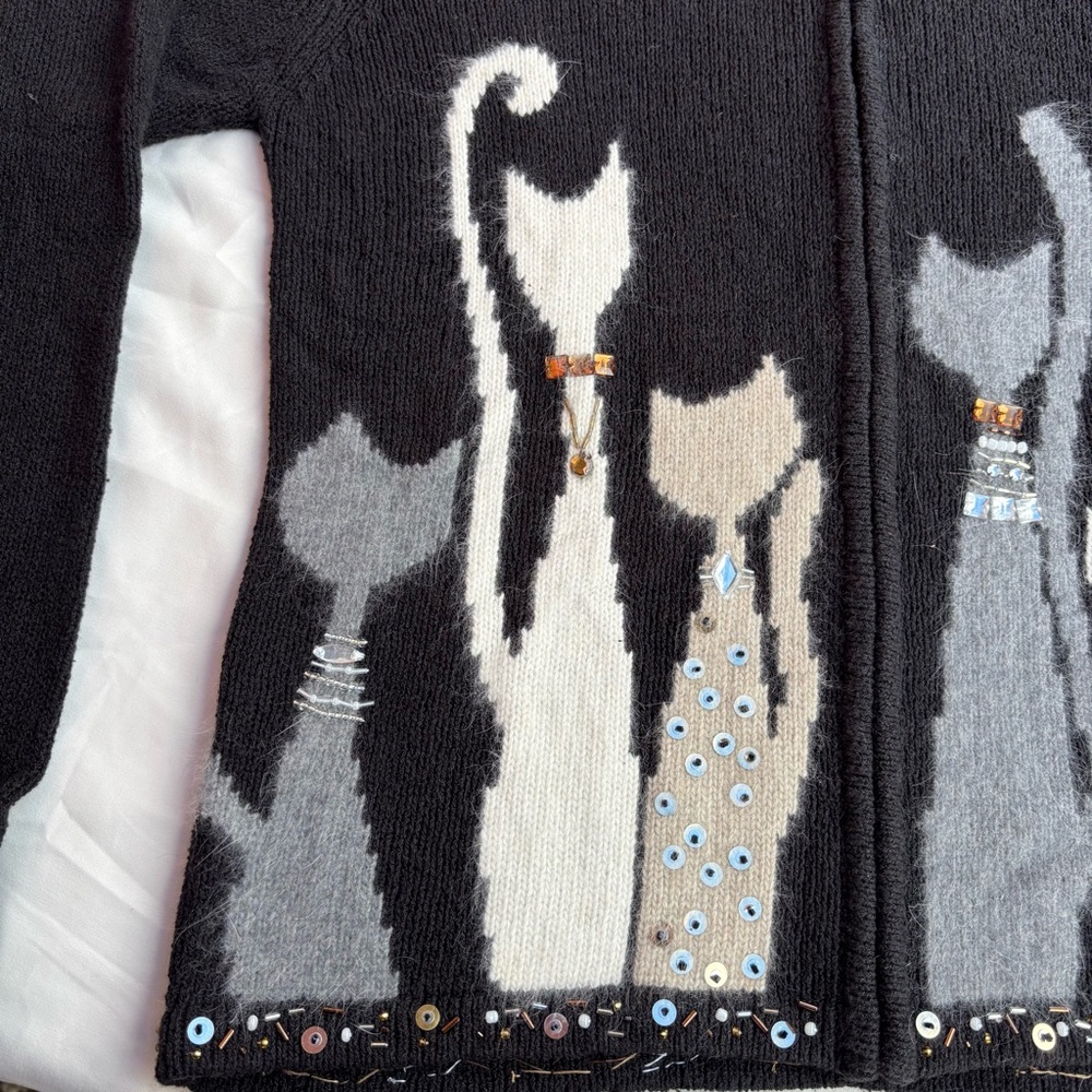 Coldwater Creek Full Zip Black Cat Cardigan Sweater Size M Beaded Cat Lady - Picture 8 of 13
